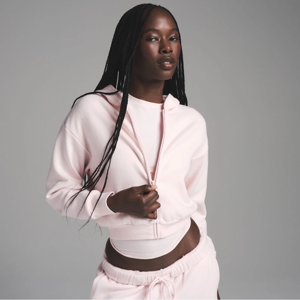 SKIMS COTTON FLEECE SHRUNKEN ZIP UP HOODIE | BARELY PINK